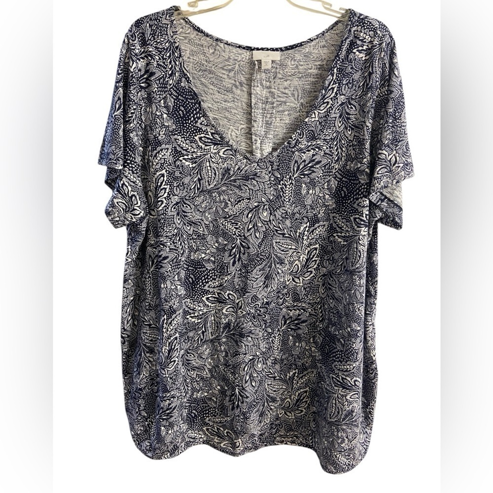 J Jill v neck tunic top short sleeves floral navy blue XL Petite